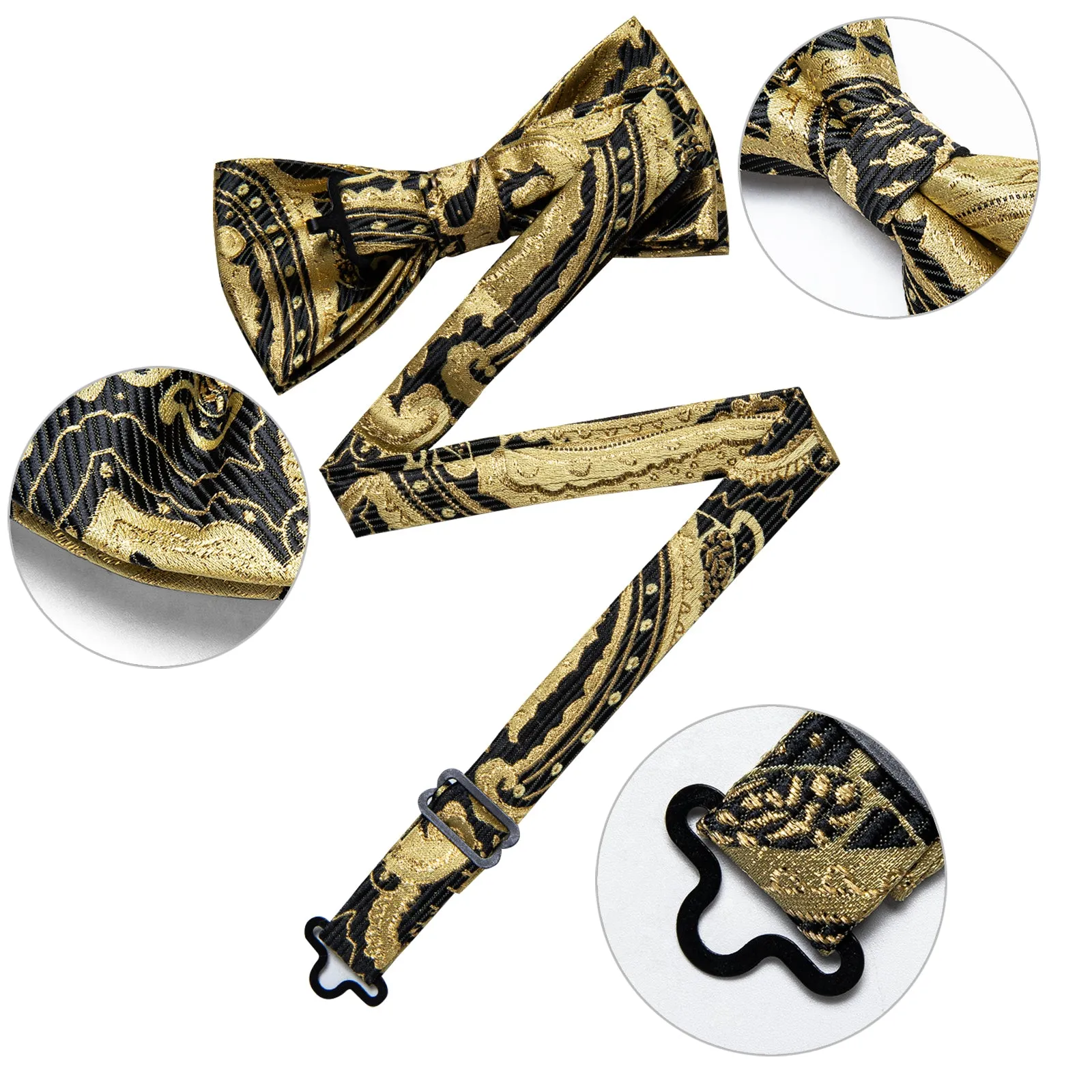 Golden Black Paisley Men's Pre-tied Bowtie Pocket Square Cufflinks Set sold by Ties2You product image thumbnail 4