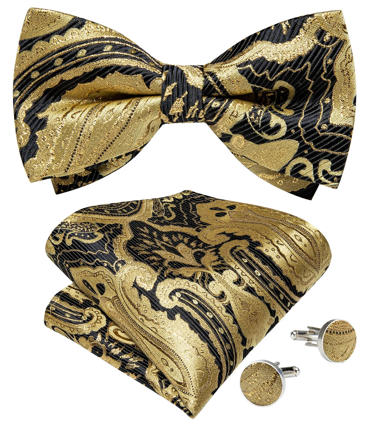 Golden Black Paisley Men's Pre-tied Bowtie Pocket Square Cufflinks Set sold by Ties2You product image thumbnail 2
