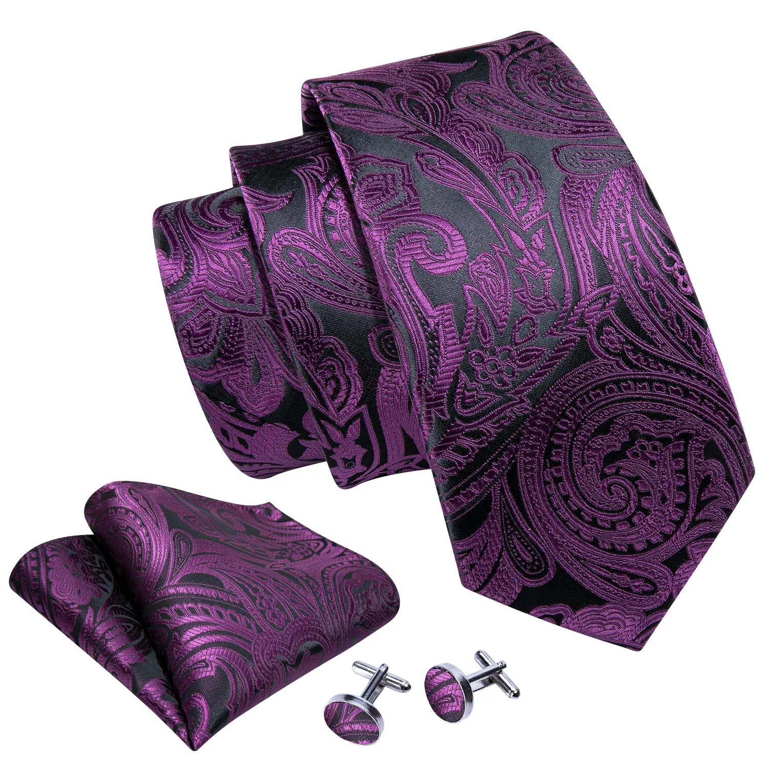 Fashion Black Purple Paisley Silk Men's Necktie Pocket Square Cufflinks Set sold by Ties2You product image thumbnail 3