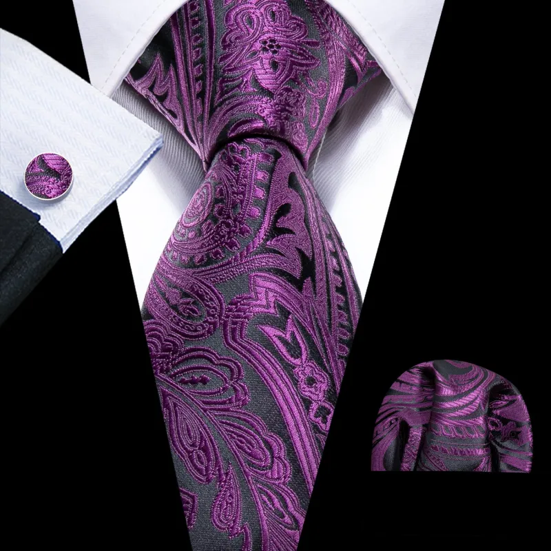 Fashion Black Purple Paisley Silk Men's Necktie Pocket Square Cufflinks Set sold by Ties2You