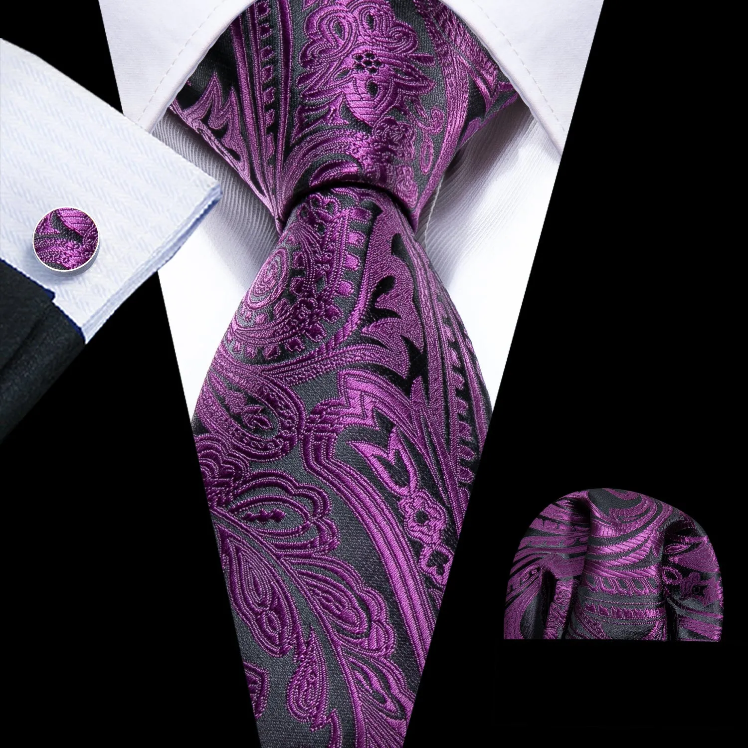 Fashion Black Purple Paisley Silk Men's Necktie Pocket Square Cufflinks Set sold by Ties2You