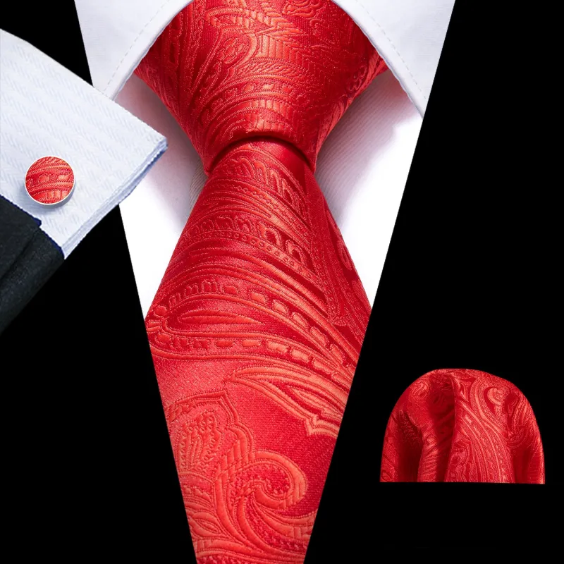 Fashion Red Paisley Silk Men's Necktie Pocket Square Cufflinks Set sold by Ties2You
