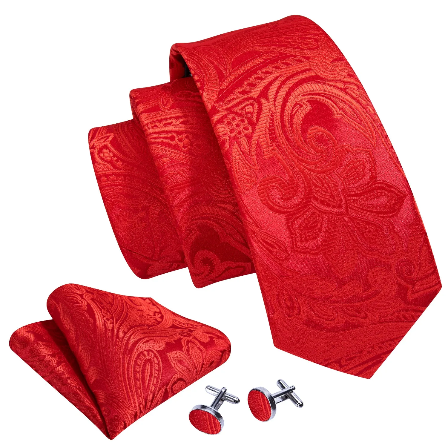 Fashion Red Paisley Silk Men's Necktie Pocket Square Cufflinks Set sold by Ties2You product image thumbnail 4