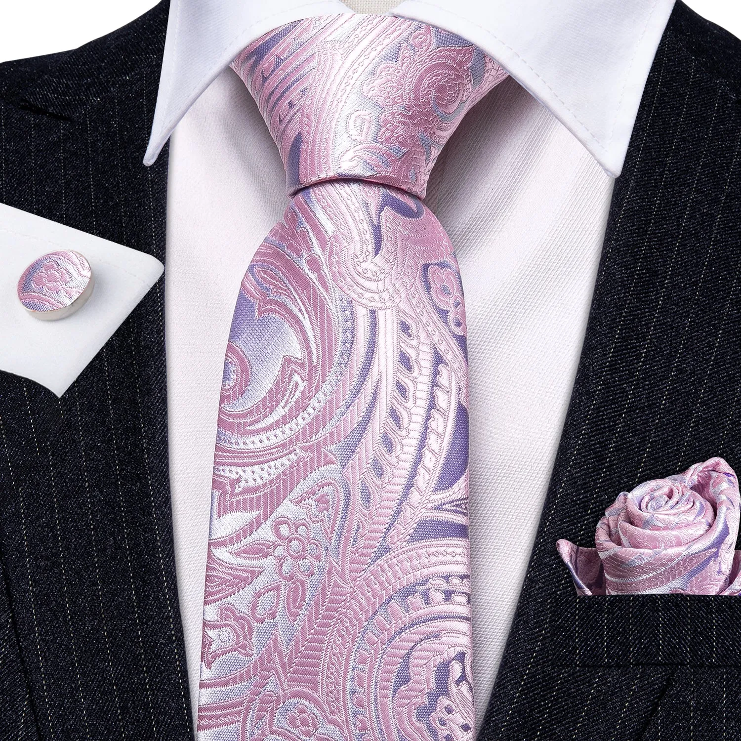 Shining Pink Paisley Silk Men's Necktie Pocket Square Cufflinks Set sold by Ties2You product image thumbnail 2