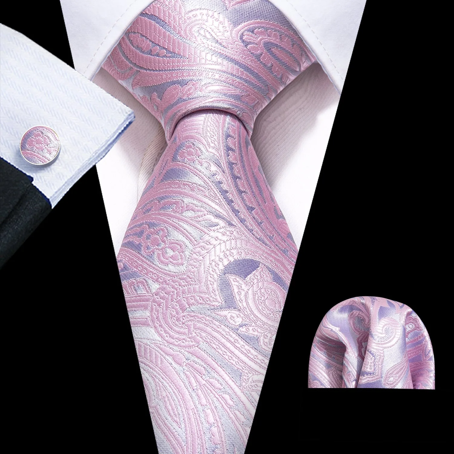 Shining Pink Paisley Silk Men's Necktie Pocket Square Cufflinks Set sold by Ties2You