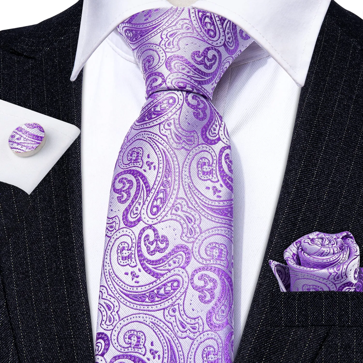 Purple Paisley Mens Tie Pocket Square Cufflinks Set sold by Ties2You product image thumbnail 4
