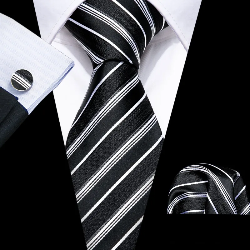 Black White Striped Mens Tie Pocket Square Cufflinks Set sold by Ties2You