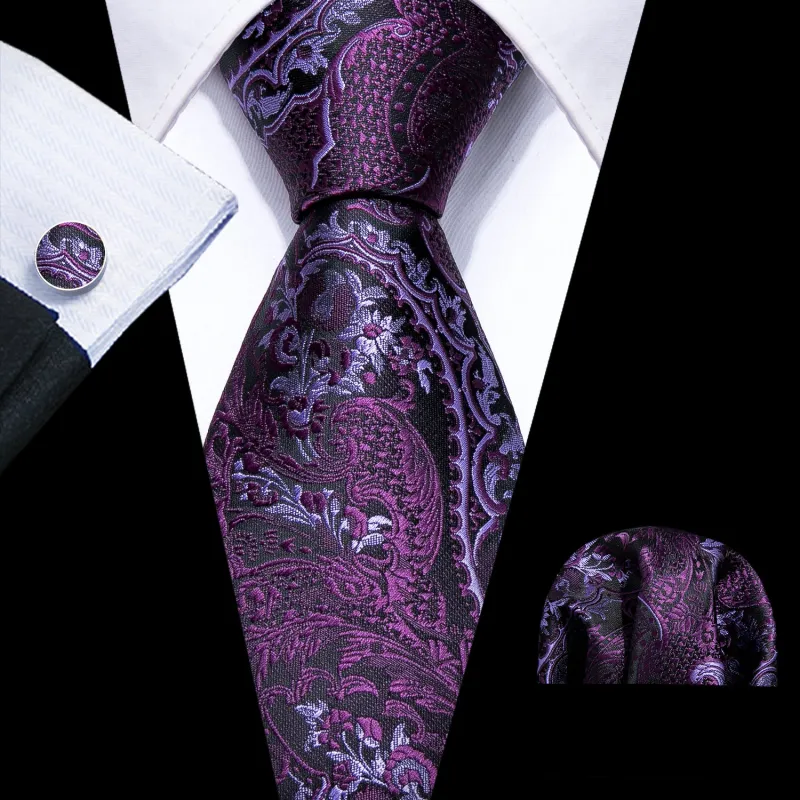 Purple Floral Men's Tie Pocket Square Cufflinks Set sold by Ties2You