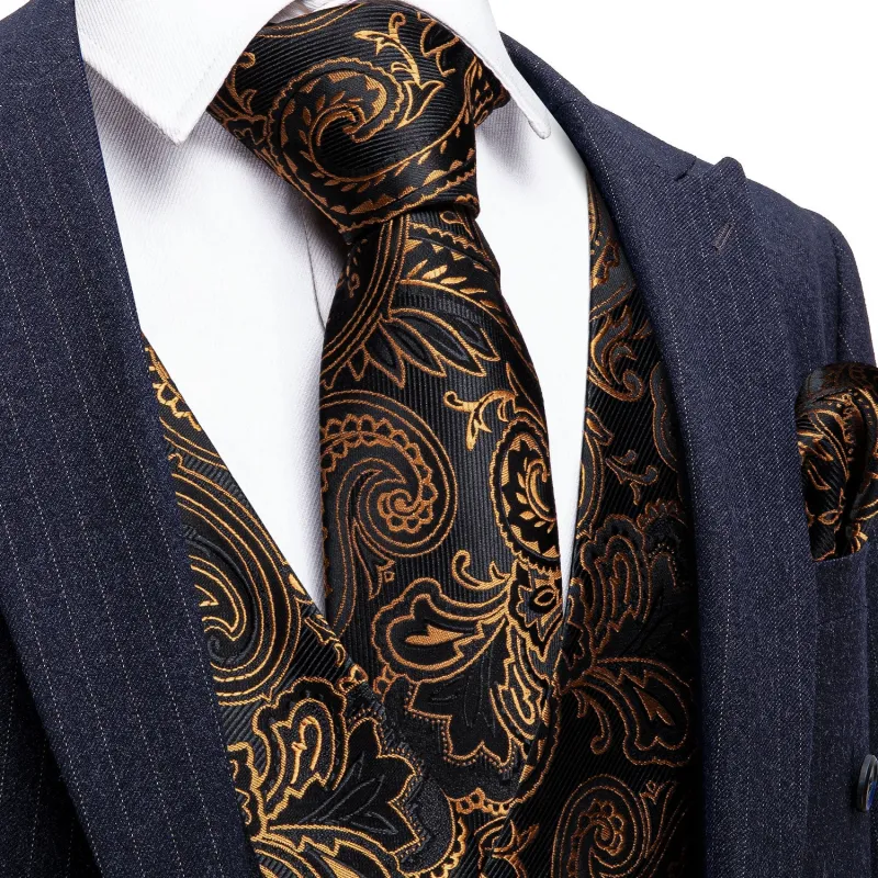 Black Golden Paisley Silk Men's Vest Tie Hanky Cufflinks Set Waistcoat Suit Set sold by Ties2You