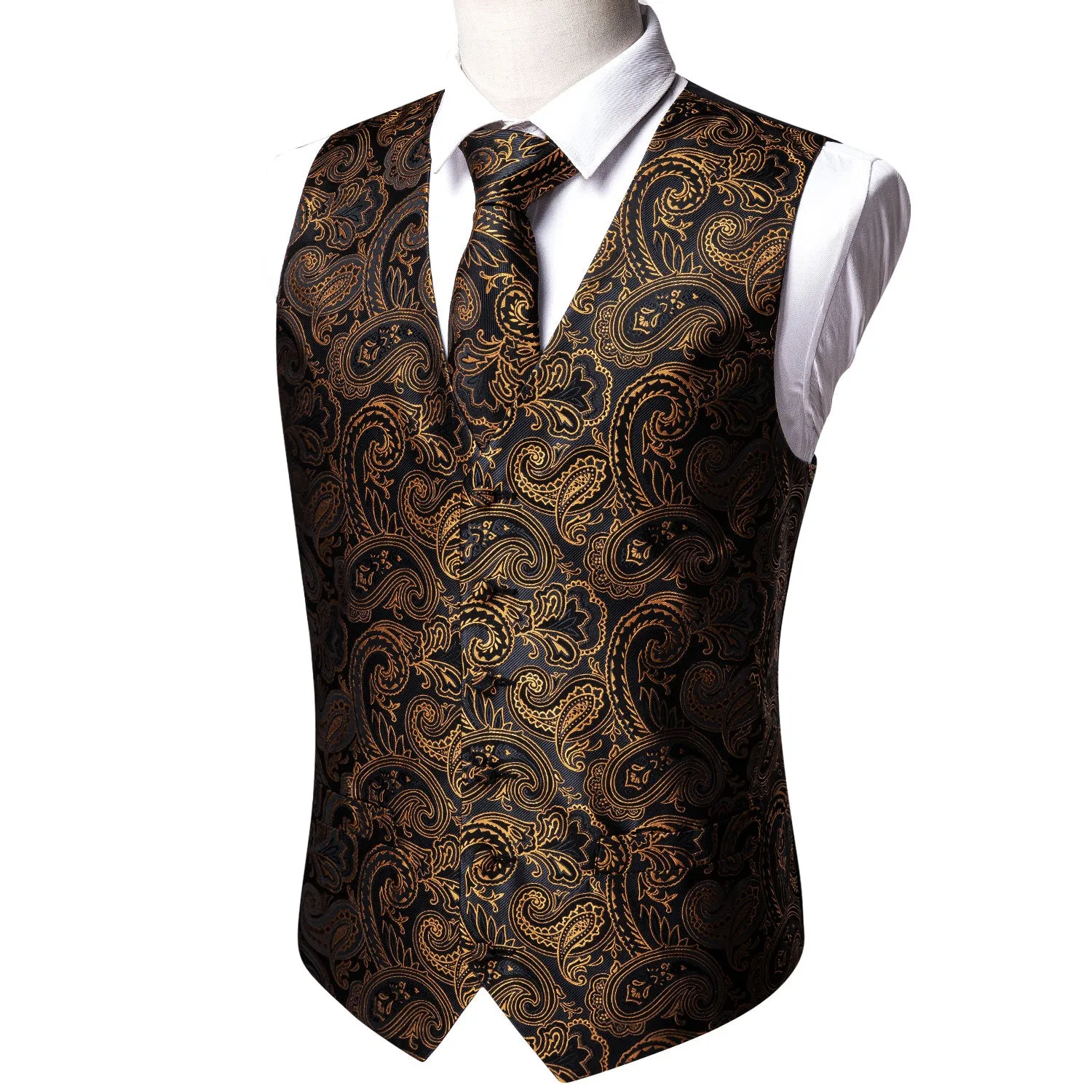 Black Golden Paisley Silk Men's Vest Tie Hanky Cufflinks Set Waistcoat Suit Set sold by Ties2You product image thumbnail 3