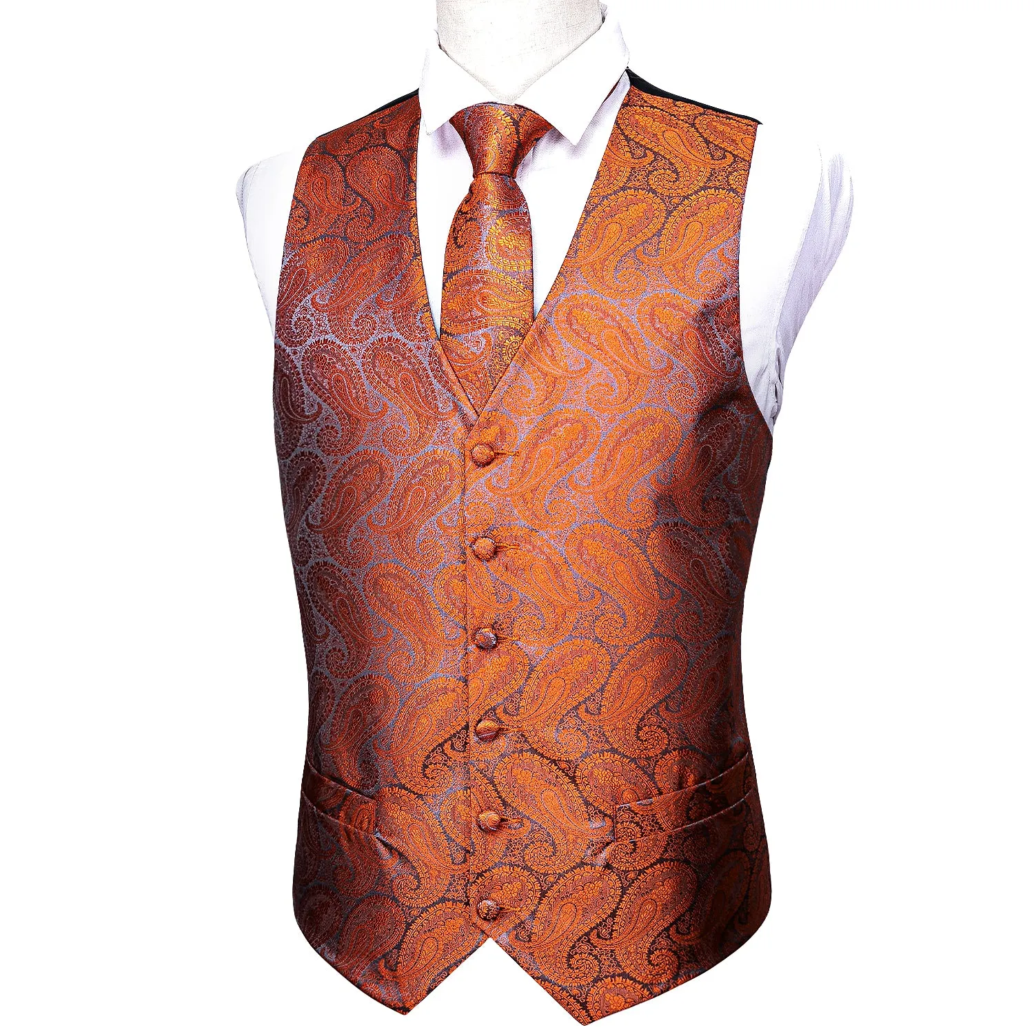 Ties2you Burnt Orange Suit Vest Paisley Business Formal Vest Tie Hanky Cufflinks Set sold by Ties2You product image thumbnail 2