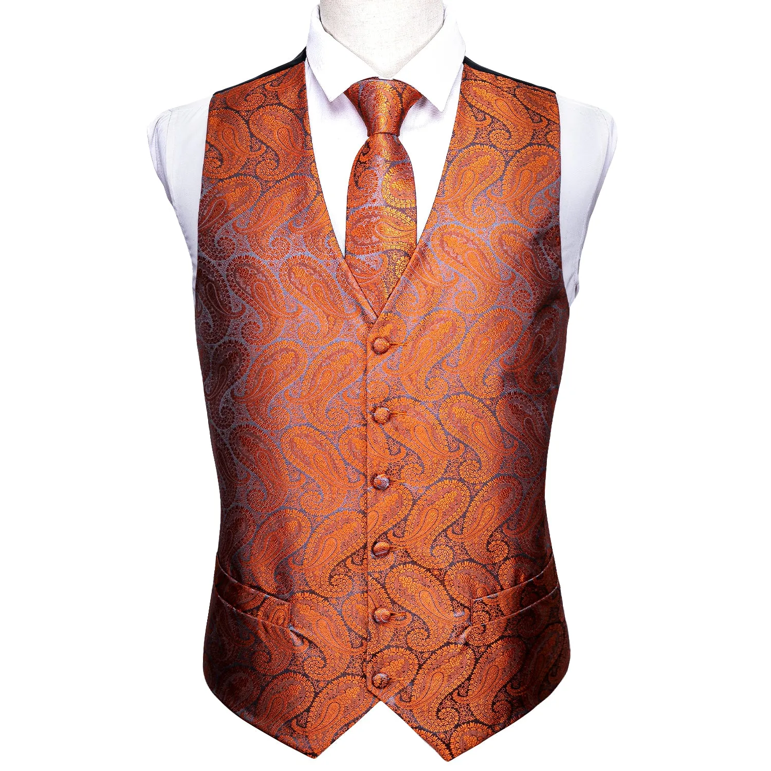 Ties2you Burnt Orange Suit Vest Paisley Business Formal Vest Tie Hanky Cufflinks Set sold by Ties2You product image thumbnail 4