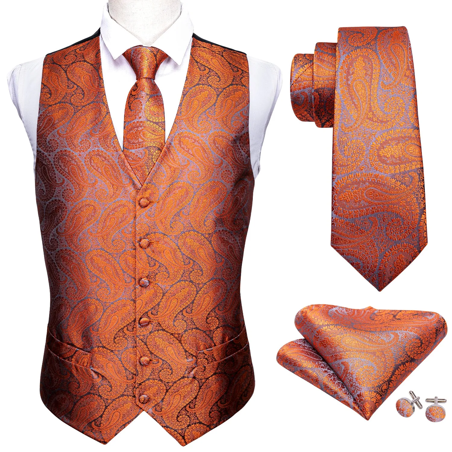 Ties2you Burnt Orange Suit Vest Paisley Business Formal Vest Tie Hanky Cufflinks Set sold by Ties2You product image thumbnail 3