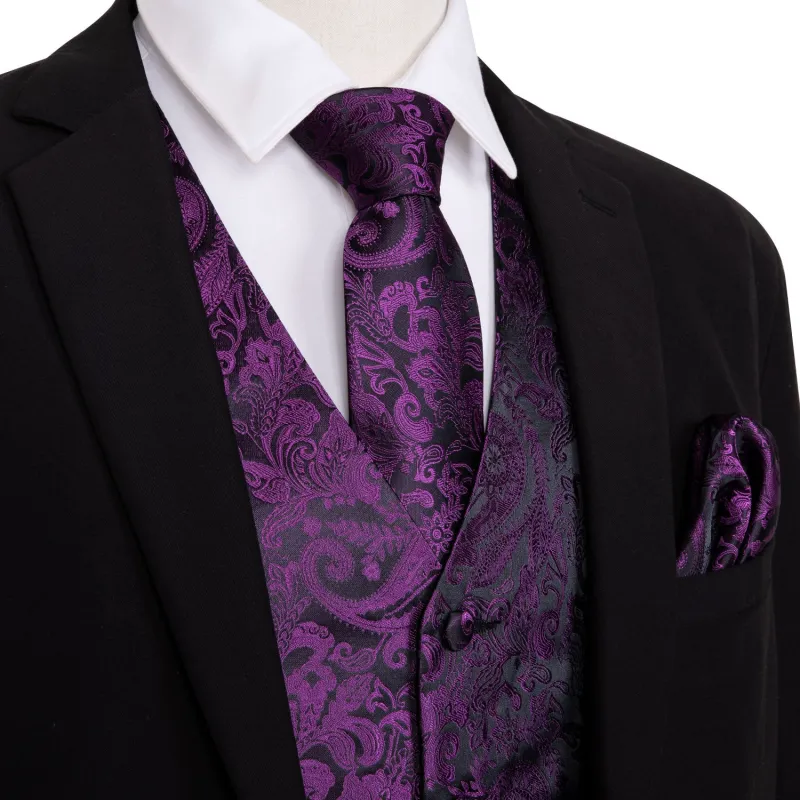 Ties2you Men's Vest Deep Purple Paisley Silk Vest Tie Hanky Cufflinks Set Waistcoat Suit Set sold by Ties2You