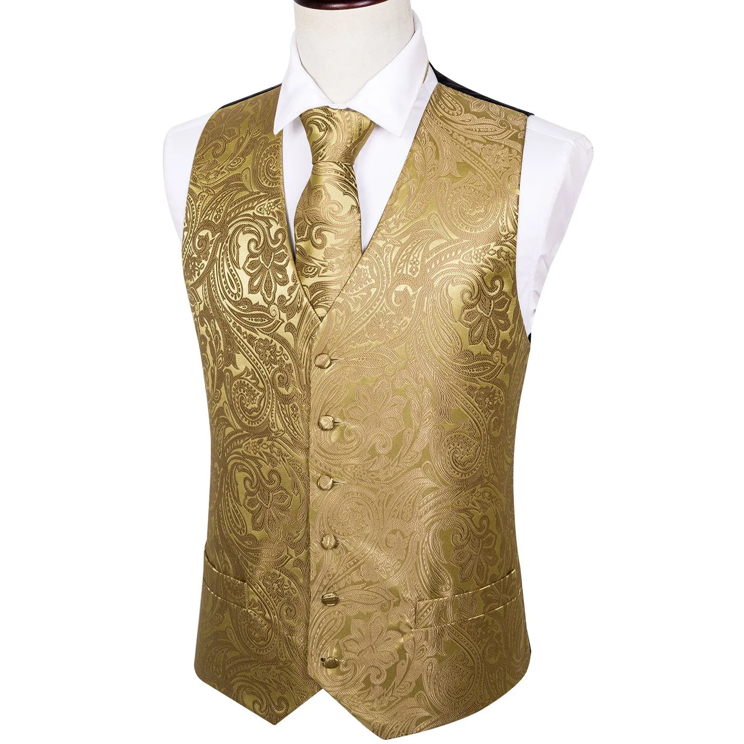 Ties2you Mens Gold Suit Waistcoat Paisley Dress Vest Necktie Hanky Cufflinks Set sold by Ties2You product image thumbnail 2