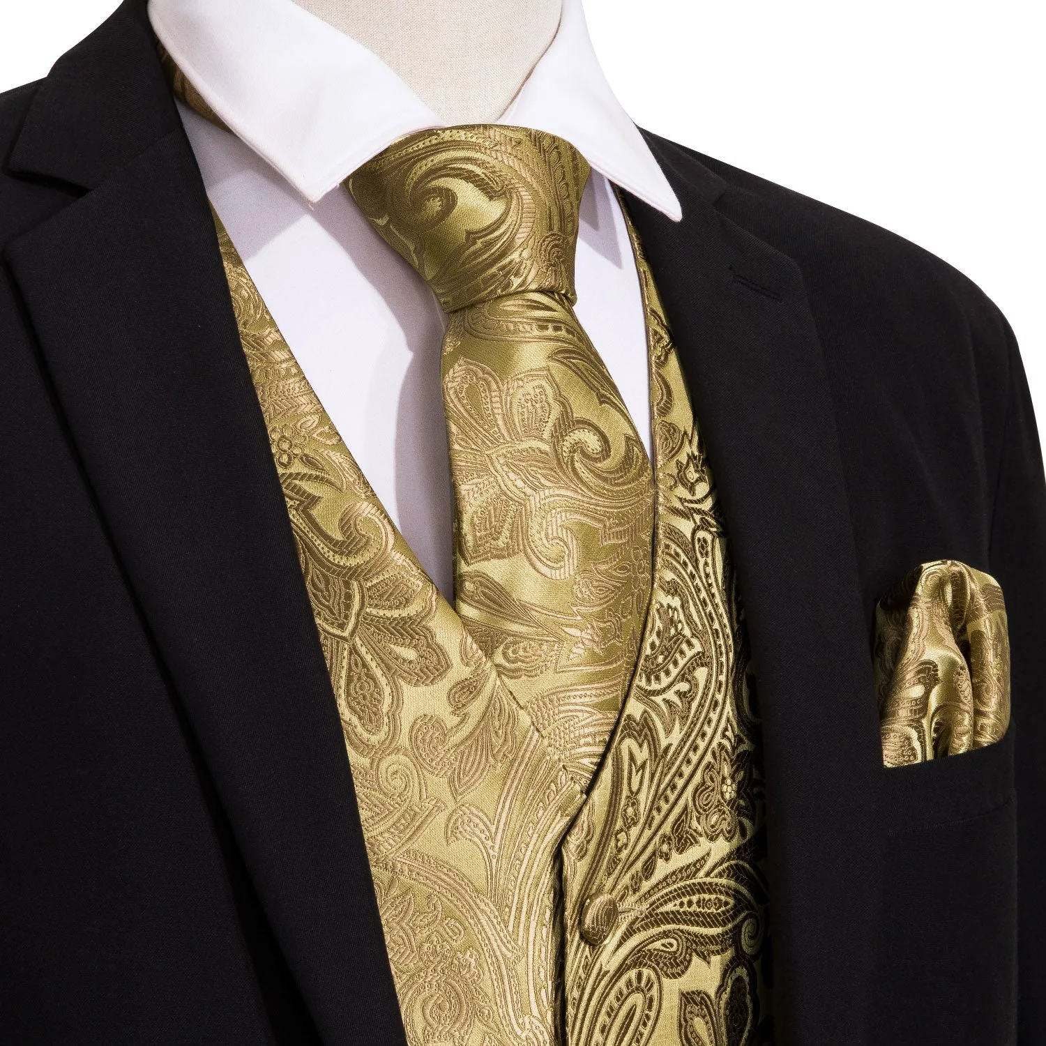 Ties2you Mens Gold Suit Waistcoat Paisley Dress Vest Necktie Hanky Cufflinks Set sold by Ties2You