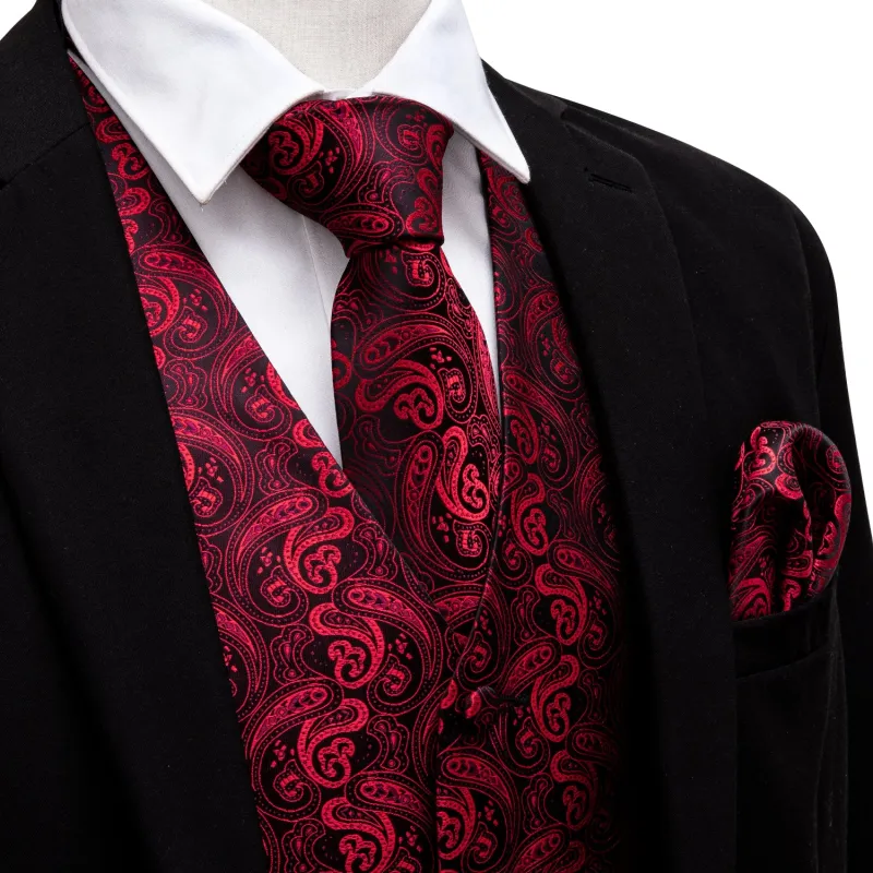 Black Red Paisley Jacquard Silk Men's Vest Hanky Cufflinks Tie Set sold by Ties2You