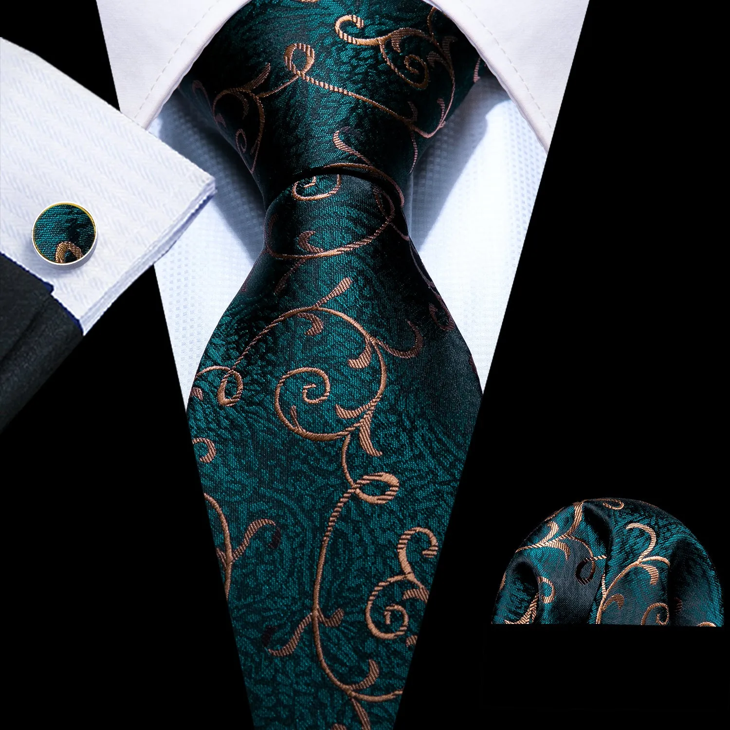 Dark Green Brown Floral Necktie Pocket Square Cufflinks Set sold by Ties2You