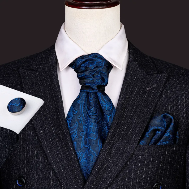 Deep Blue Floral Silk Ascot Cravat Pocket Square Cufflinks Set sold by Ties2You