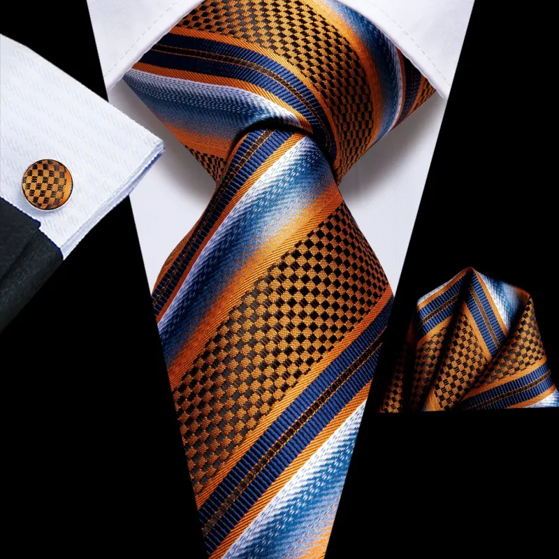Yellow Blue Striped Silk Necktie Pocket Square Cufflinks Set sold by Ties2You