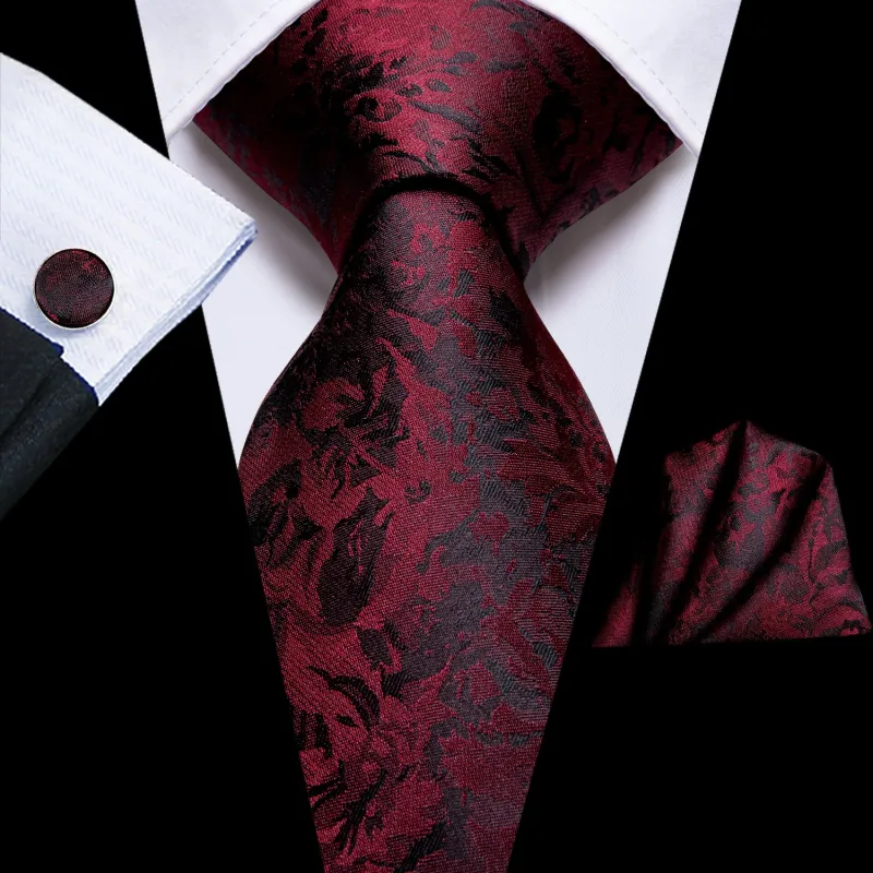 Ties2you Burgundy Tie for Mens Silk Floral Wedding Necktie Pocket Square Cufflinks sold by Ties2You