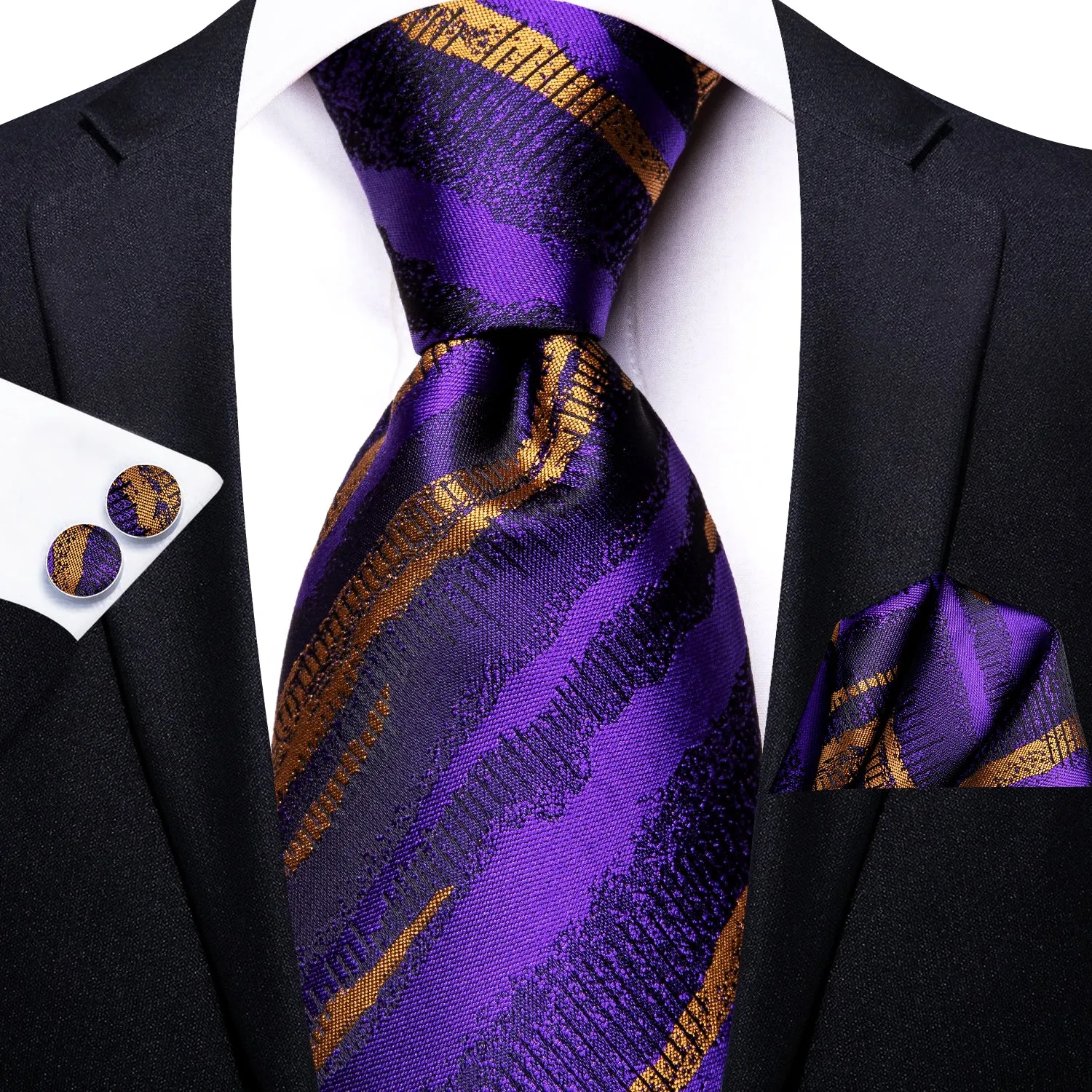 Ties2you Mens Purple Necktie Mens Striped Suit Tie Handkerchief Cufflinks Set sold by Ties2You product image thumbnail 2