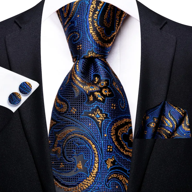 Ties2you Mens Blue Tie Silk Paisley Necktie Pocket Square Cufflinks Set sold by Ties2You