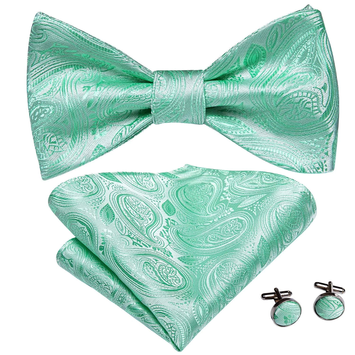 Light Green Paisley Self-tied Silk Bow Tie Pocket Square Cufflinks Set sold by Ties2You product image thumbnail 2