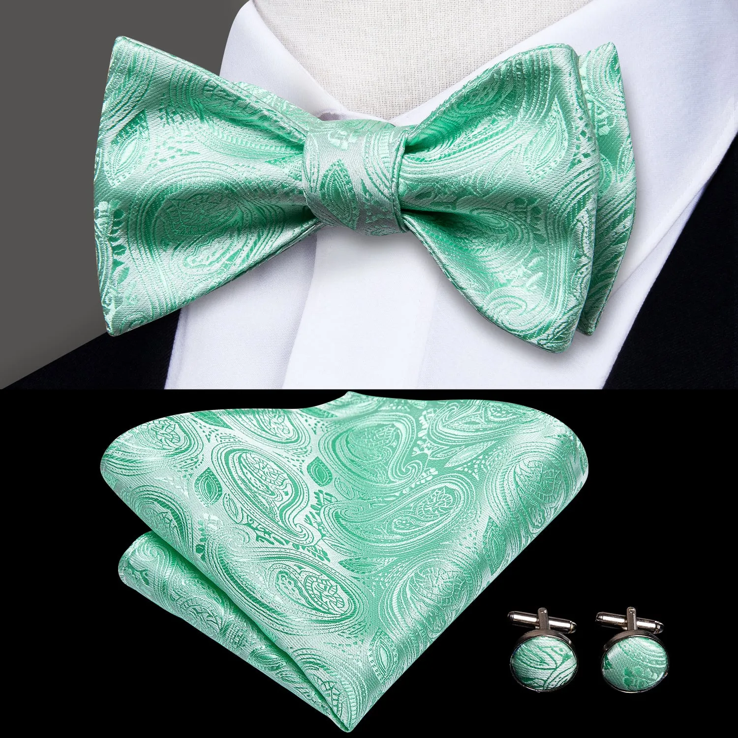 Light Green Paisley Self-tied Silk Bow Tie Pocket Square Cufflinks Set sold by Ties2You