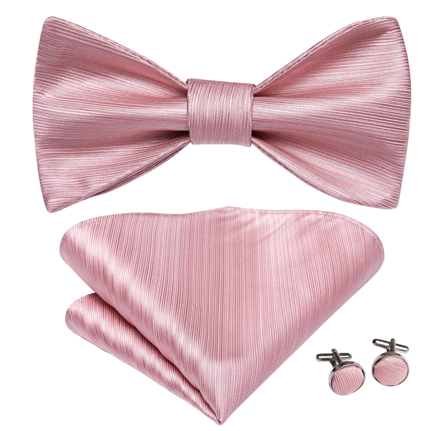 Pink Solid Self-tied Silk Bow Tie Pocket Square Cufflinks Set sold by Ties2You product image thumbnail 2