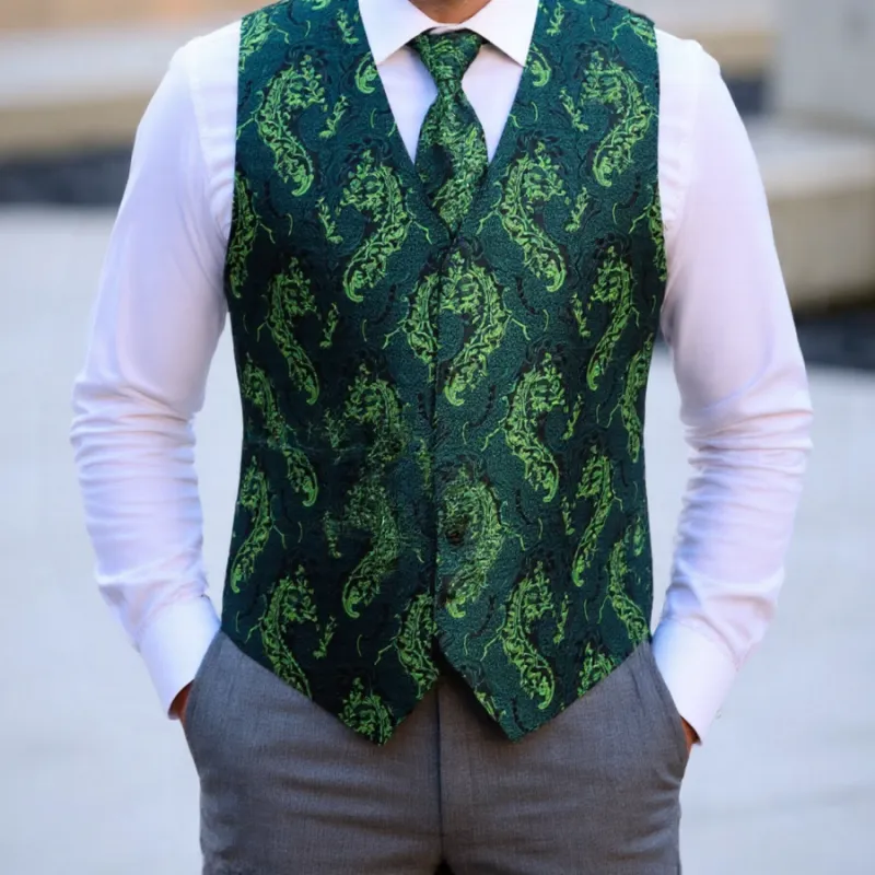 Ties2you Men's Vest Black Green Floral Jacquard Silk Vest Tie Hanky Cufflinks Set sold by Ties2You