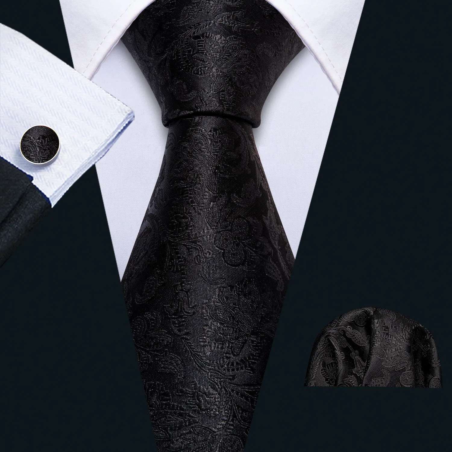 Dark Floral Men's Silk 63 Inches Extra Long Tie Handkerchief Cufflinks Set sold by Ties2You