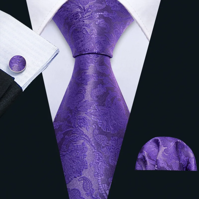 Purple Floral Men's Silk 63 Inches Extra Long Tie Handkerchief Cufflinks Set sold by Ties2You