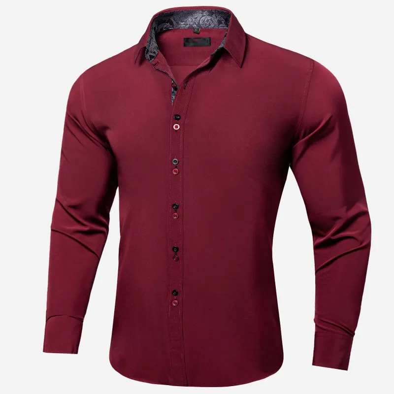 Ties2you Button Down Shirt Burgundy Black Paisley Stitching Silk Men's Long Sleeve Shirt sold by Ties2You