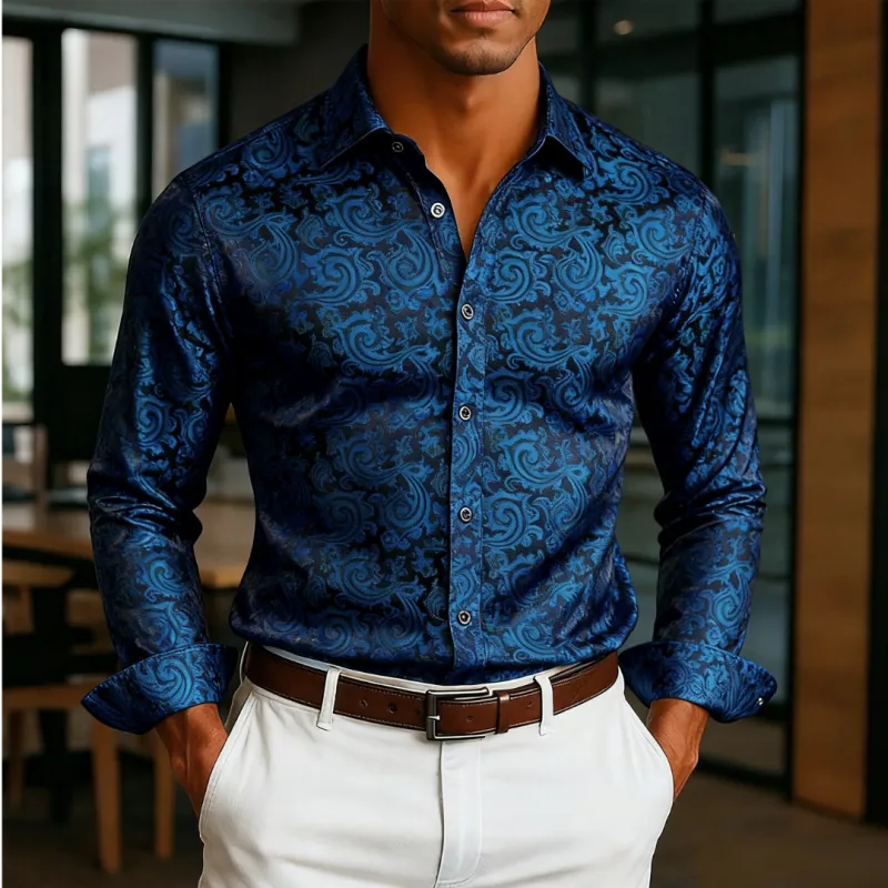 Ties2you Blue Floral Casual Shirt Mens Silk Long Sleeve Button Down Shirt sold by Ties2You
