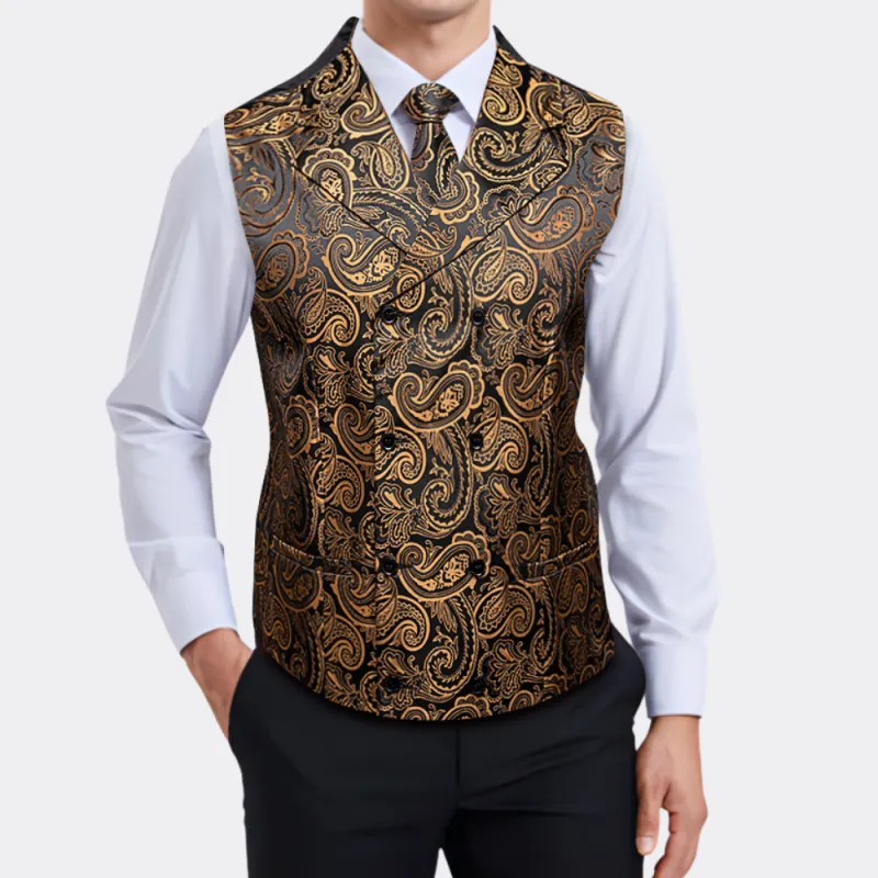 Ties2you Gold Double Breasted Suit Vest Paisley Formal Waistcoat Tie Hanky Cufflinks Set sold by Ties2You