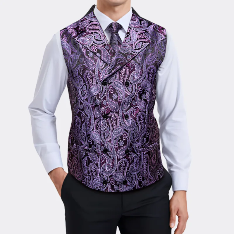 Ties2you Purple Double Breasted Suit Vest Paisley Formal Waistcoat Tie Hanky Cufflinks Set sold by Ties2You