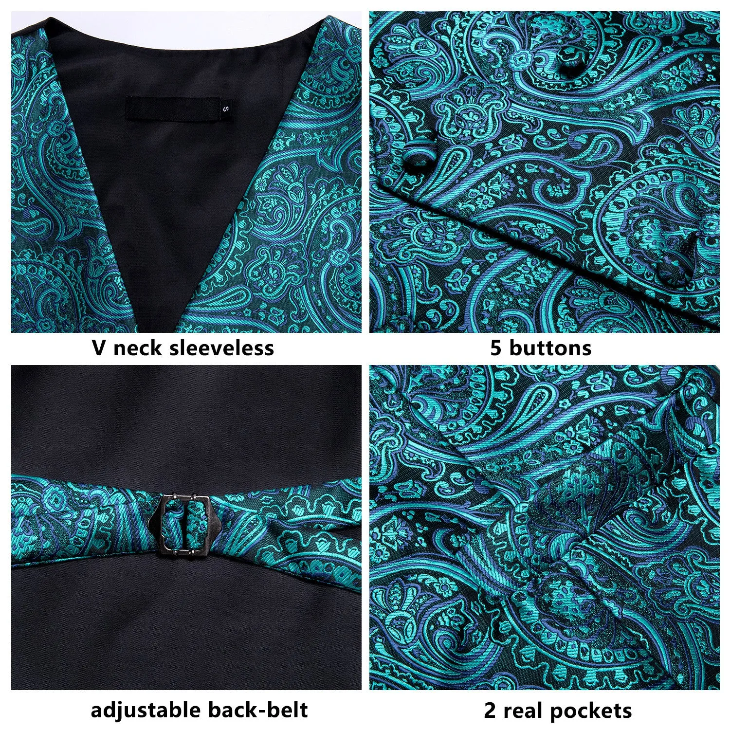 Blue Green Paisley Jacquard Silk Men's Vest Hanky Cufflinks Tie Set sold by Ties2You product image thumbnail 5