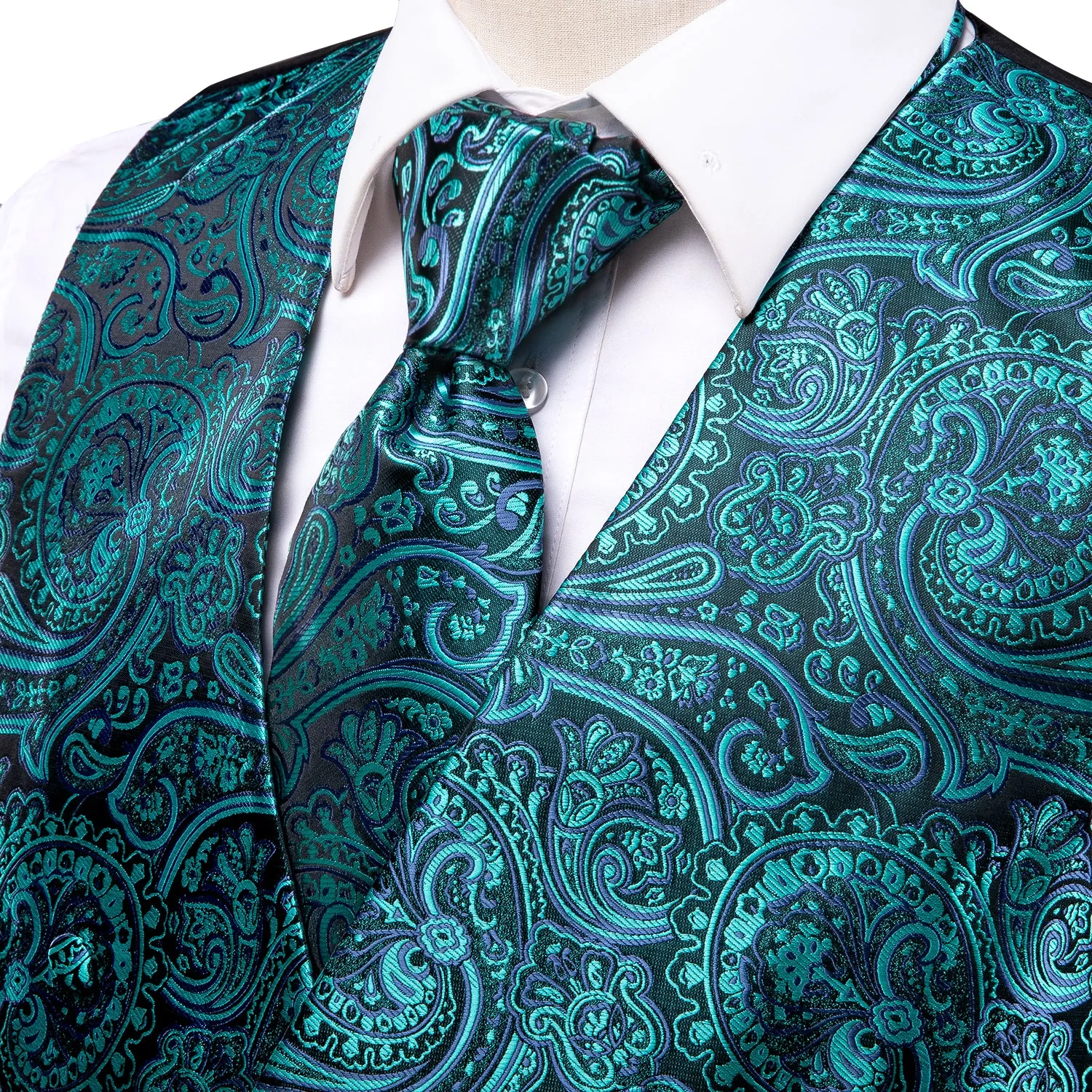 Blue Green Paisley Jacquard Silk Men's Vest Hanky Cufflinks Tie Set sold by Ties2You product image thumbnail 2