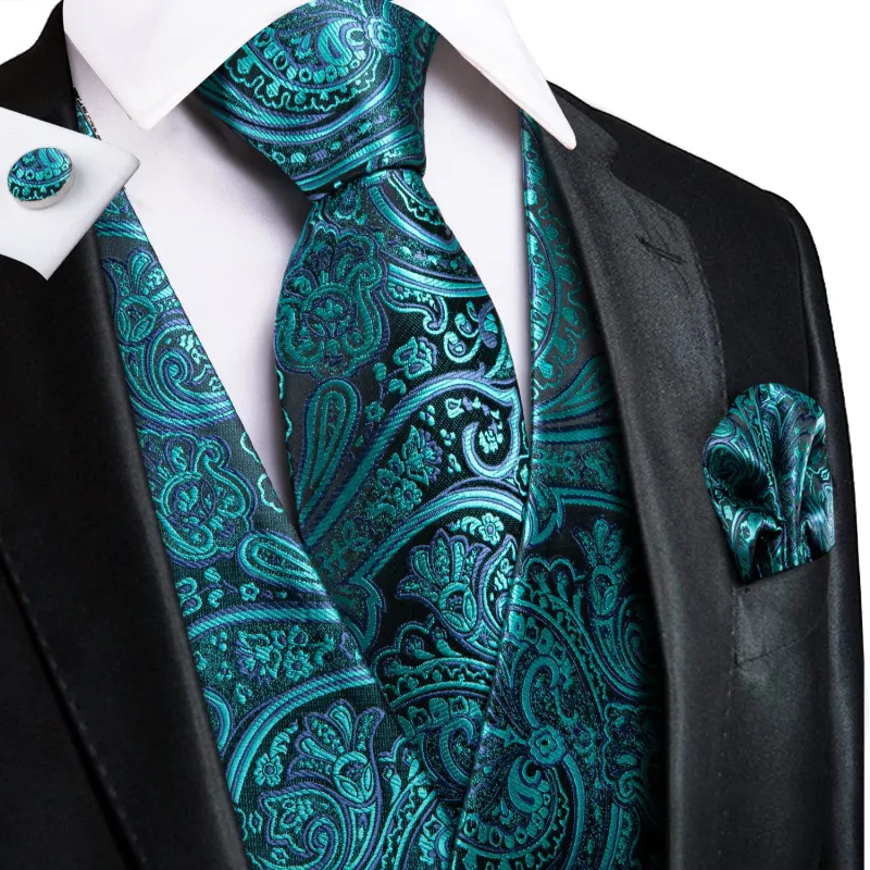 Blue Green Paisley Jacquard Silk Men's Vest Hanky Cufflinks Tie Set sold by Ties2You