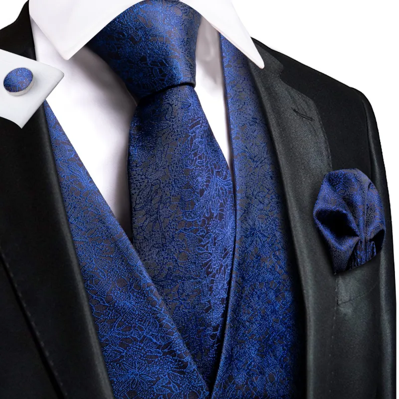 Navy Blue Floral Jacquard Silk Men's Vest Hanky Cufflinks Tie Set sold by Ties2You