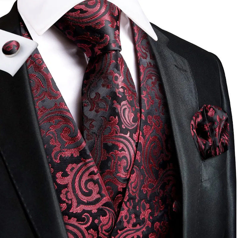 Red Black Paisley Jacquard Silk Men's Vest Hanky Cufflinks Tie Set sold by Ties2You