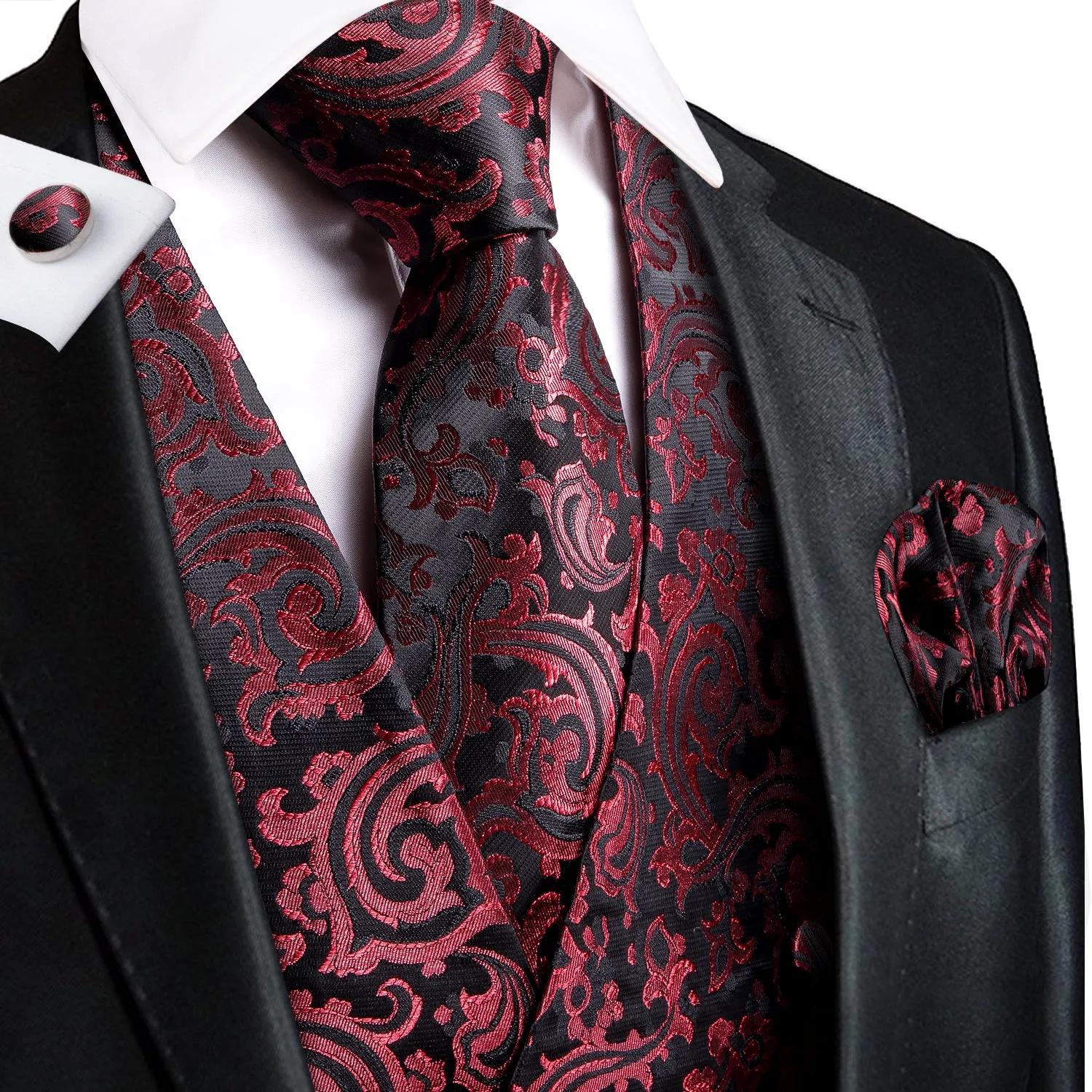 Red Black Paisley Jacquard Silk Men's Vest Hanky Cufflinks Tie Set sold by Ties2You