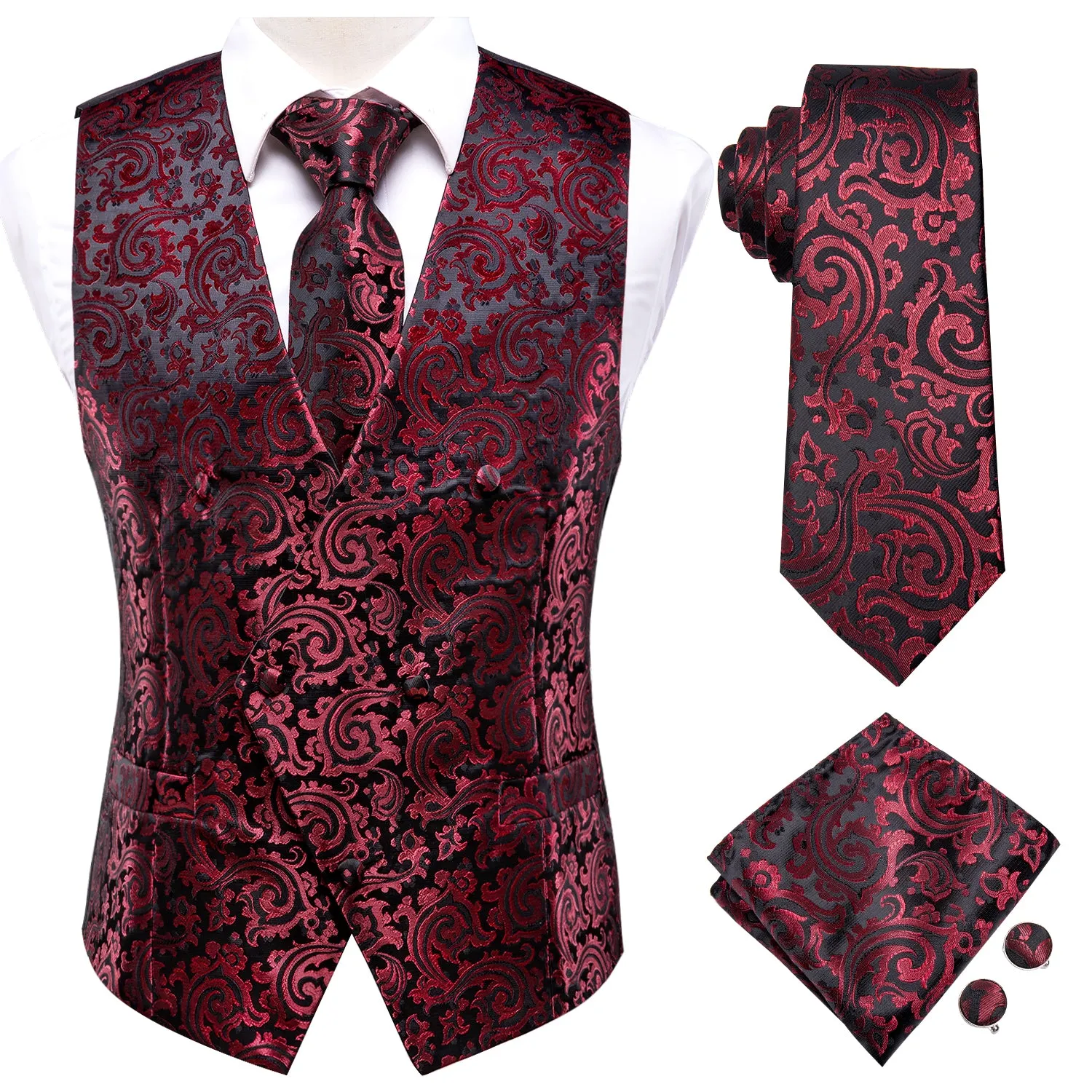Red Black Paisley Jacquard Silk Men's Vest Hanky Cufflinks Tie Set sold by Ties2You product image thumbnail 5