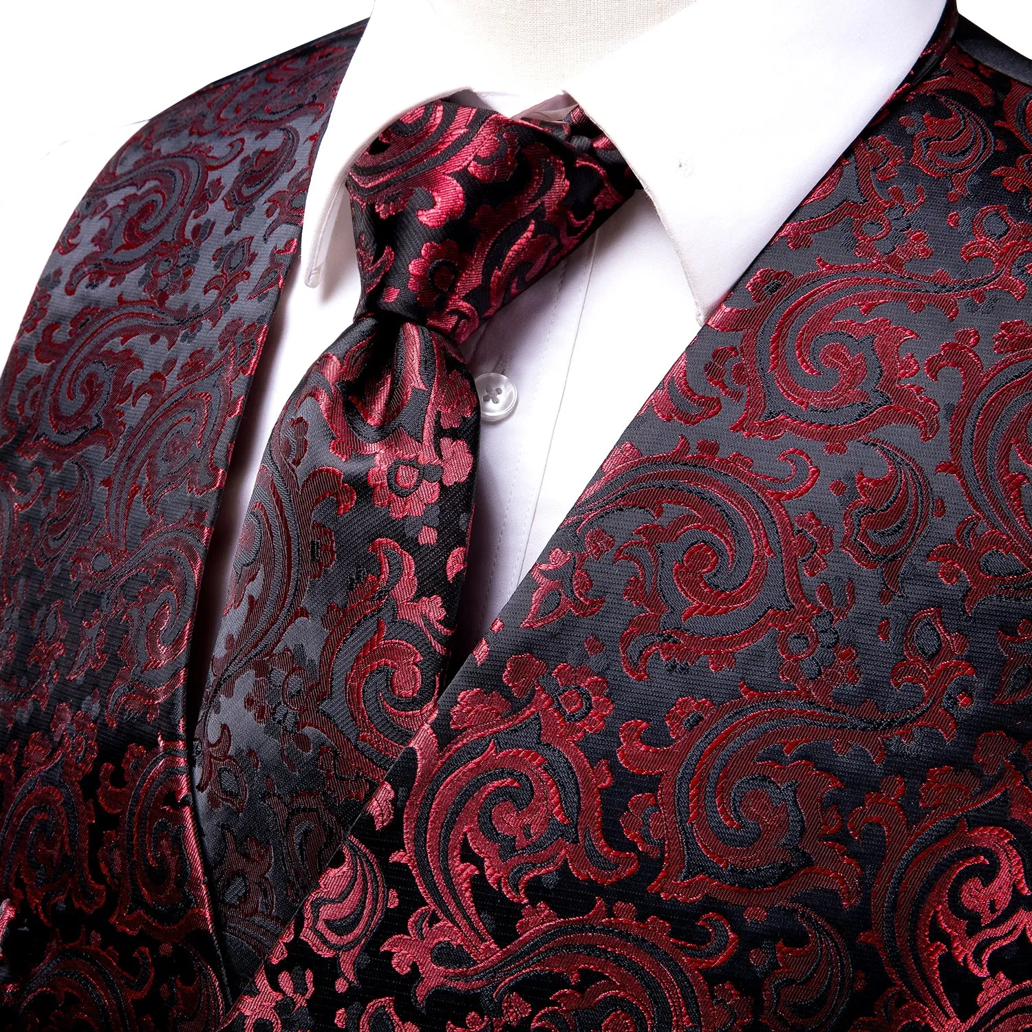 Red Black Paisley Jacquard Silk Men's Vest Hanky Cufflinks Tie Set sold by Ties2You product image thumbnail 2