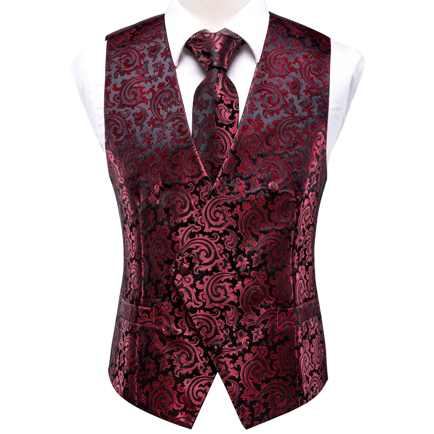 Red Black Paisley Jacquard Silk Men's Vest Hanky Cufflinks Tie Set sold by Ties2You product image thumbnail 3