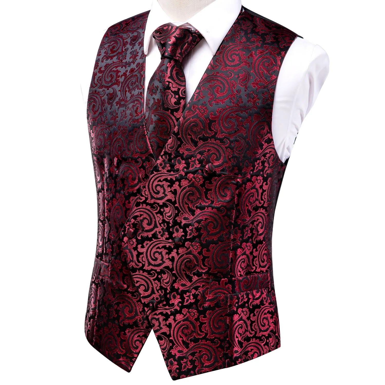 Red Black Paisley Jacquard Silk Men's Vest Hanky Cufflinks Tie Set sold by Ties2You product image thumbnail 4