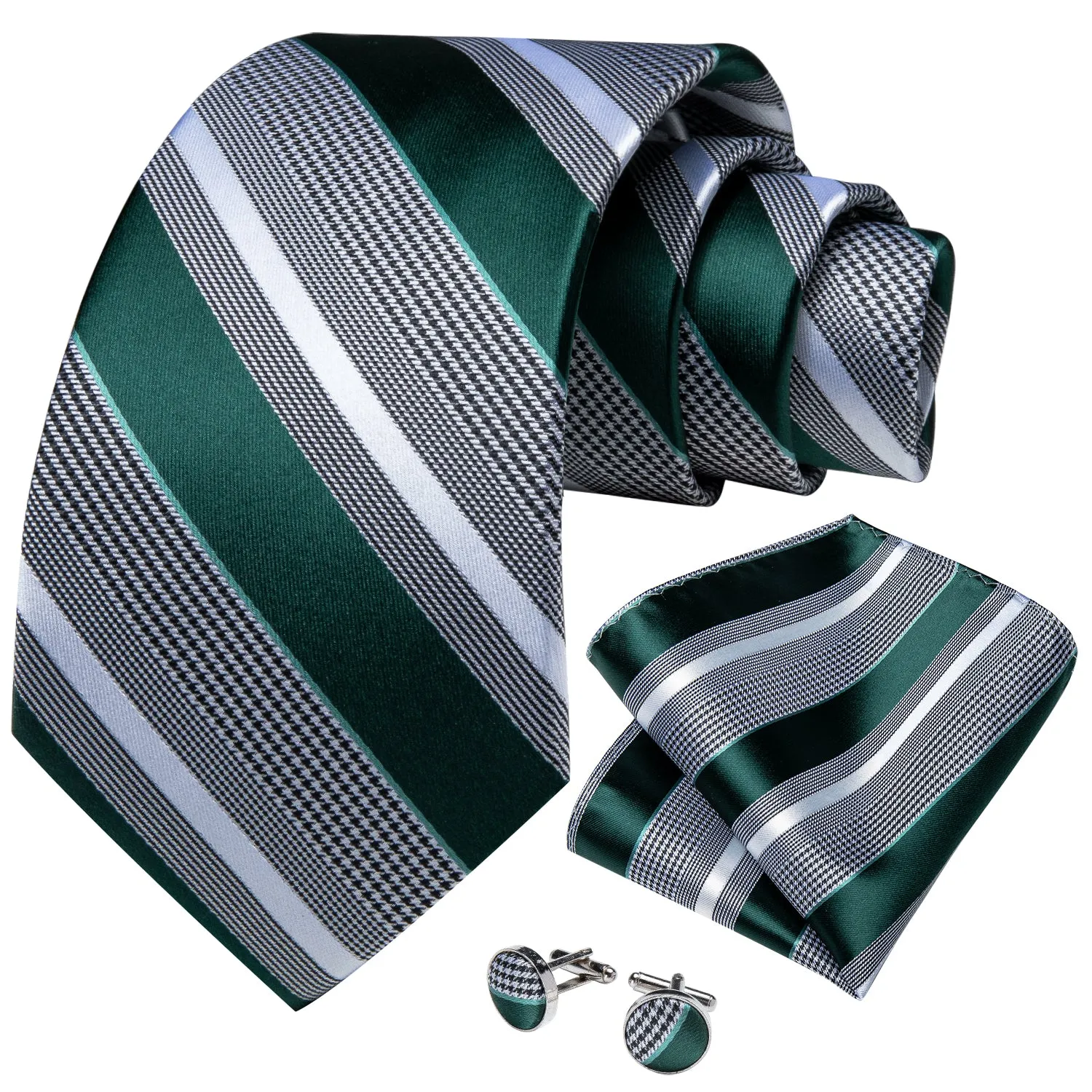 Ties2you Men's Silk Tie Green Grey White Striped Tie Hanky Cufflinks Set sold by Ties2You product image thumbnail 2