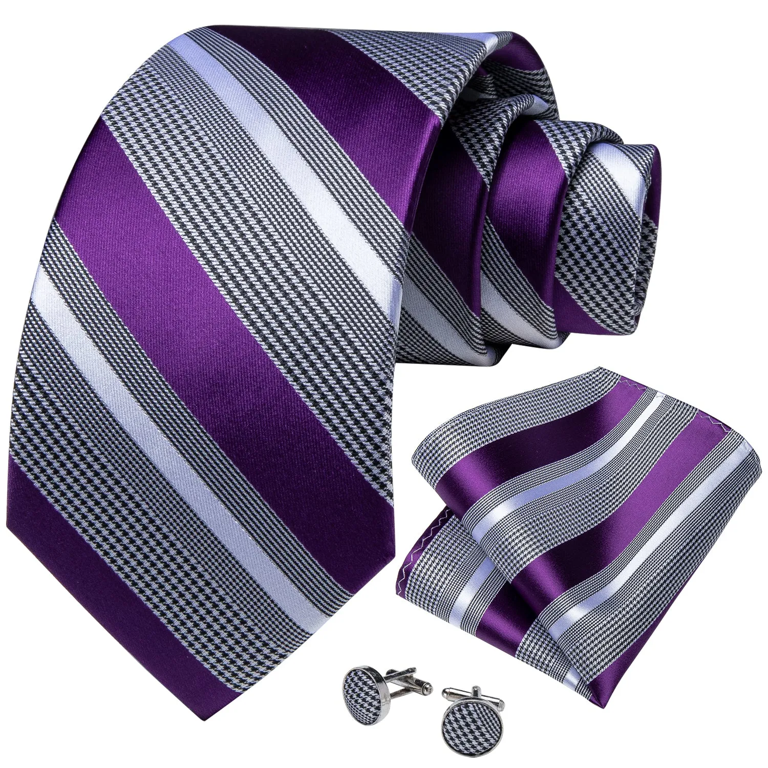 Purple Grey Striped Silk Fabric Mens Tie Hanky Cufflinks Set sold by Ties2You product image thumbnail 2