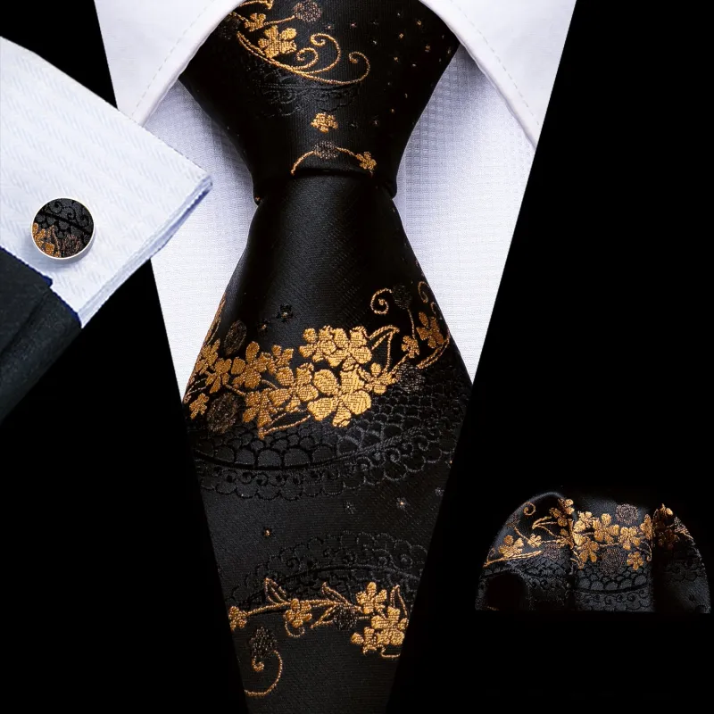 Black Golden Novelty Men's Tie Pocket Square Cufflinks Set sold by Ties2You